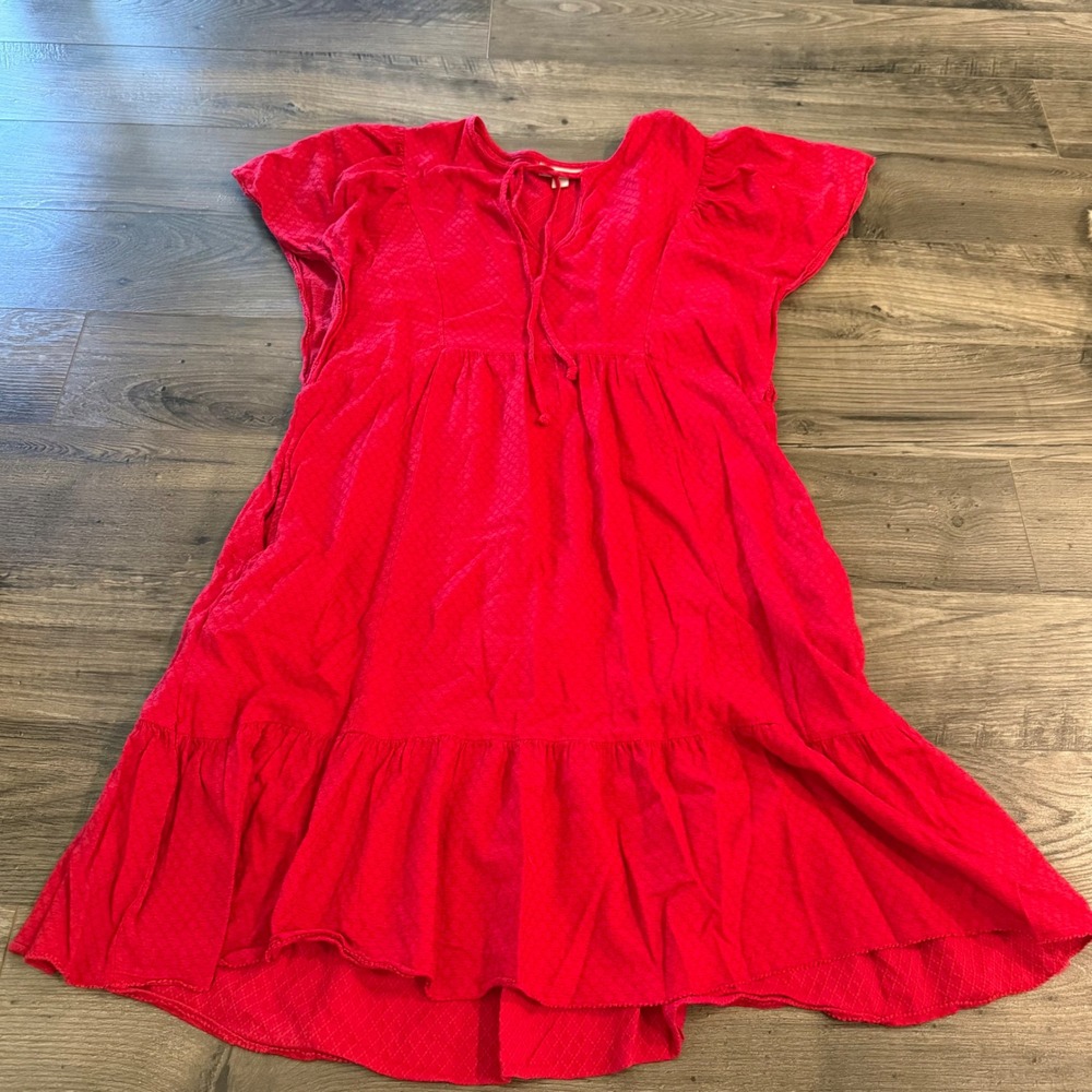 Knox Rose Red Jacquard Tiered‎ Babydoll Dress Flutter Sleeve Small Pockets
